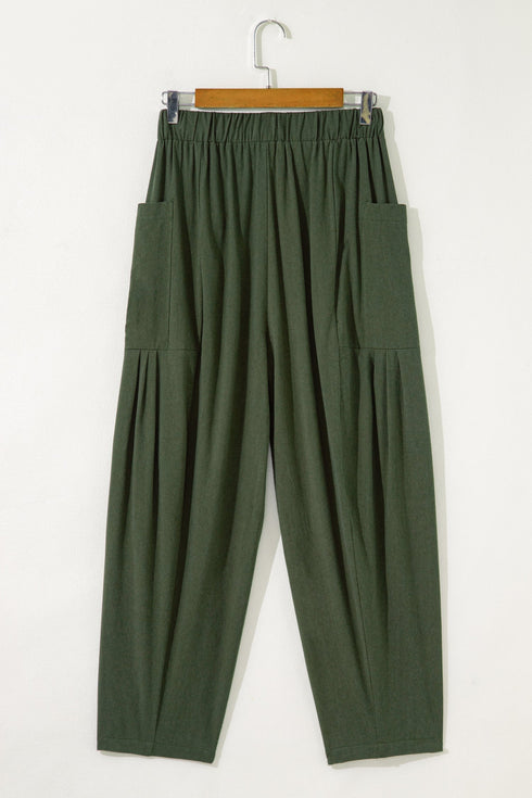 Drawstring Elastic Waist Patch Pocket Barrel Leg Pants
