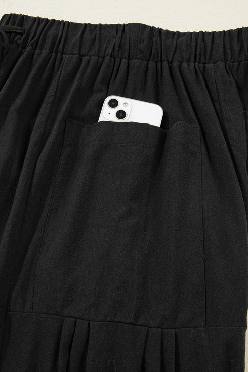 Drawstring Elastic Waist Patch Pocket Barrel Leg Pants