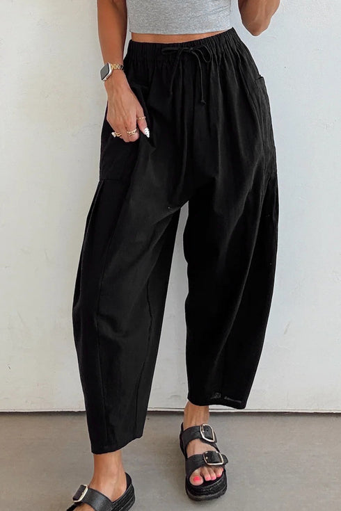 Drawstring Elastic Waist Patch Pocket Barrel Leg Pants