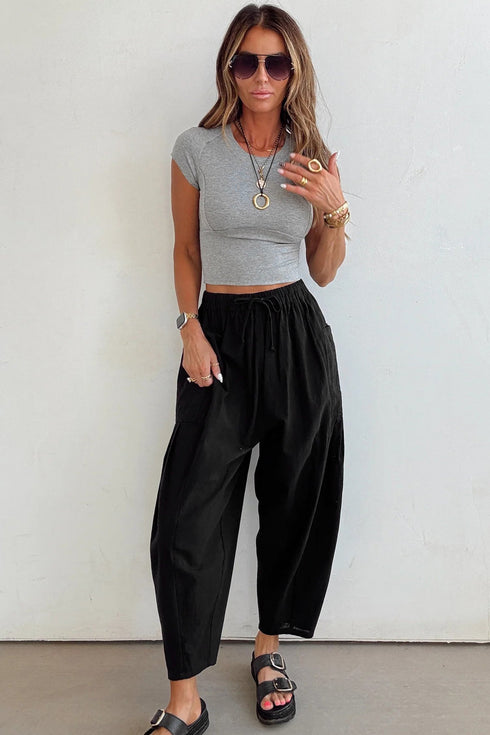 Drawstring Elastic Waist Patch Pocket Barrel Leg Pants