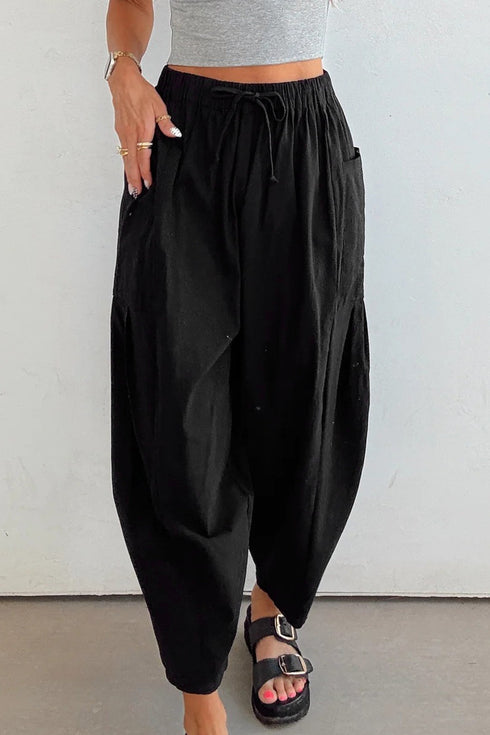 Drawstring Elastic Waist Patch Pocket Barrel Leg Pants