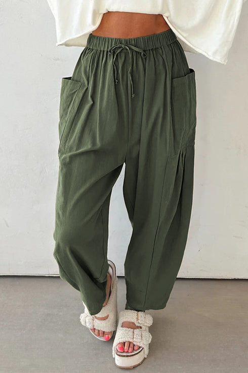 Drawstring Elastic Waist Patch Pocket Barrel Leg Pants
