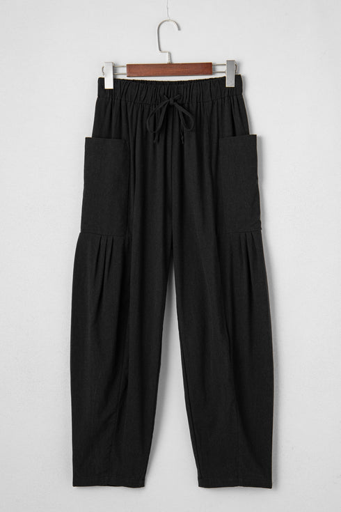 Drawstring Elastic Waist Patch Pocket Barrel Leg Pants