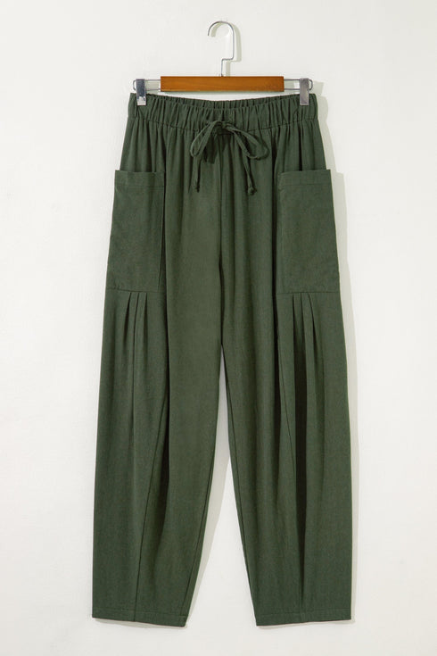 Drawstring Elastic Waist Patch Pocket Barrel Leg Pants