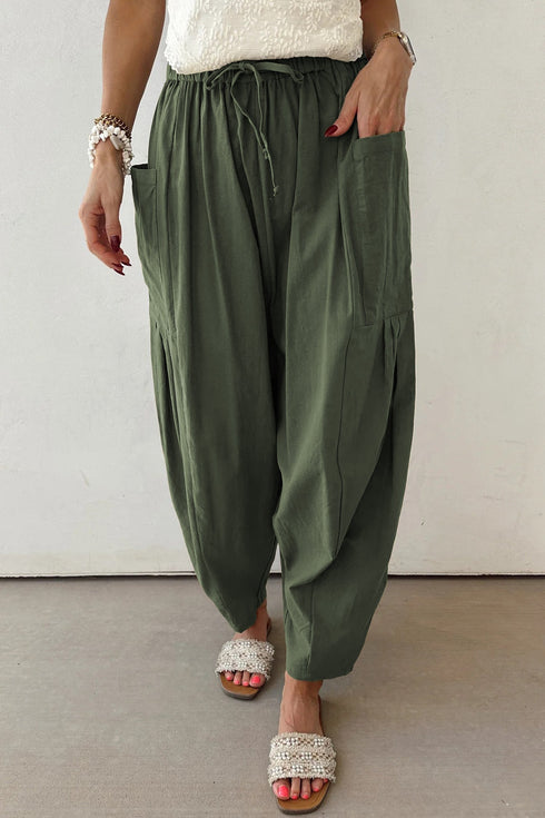 Drawstring Elastic Waist Patch Pocket Barrel Leg Pants
