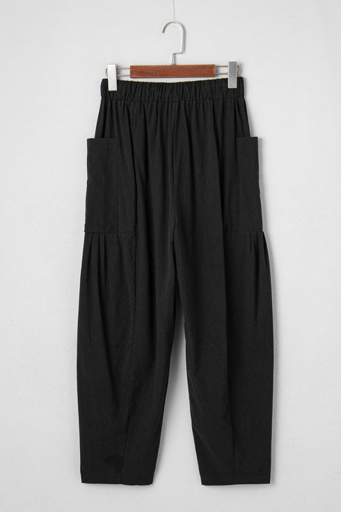 Drawstring Elastic Waist Patch Pocket Barrel Leg Pants