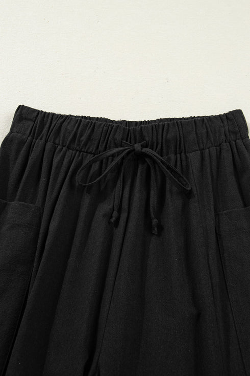 Drawstring Elastic Waist Patch Pocket Barrel Leg Pants