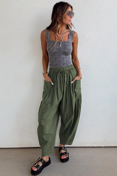 Drawstring Elastic Waist Patch Pocket Barrel Leg Pants