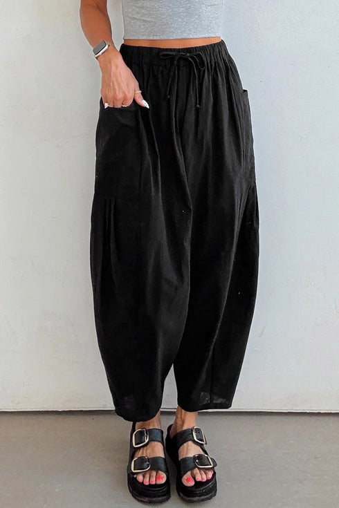 Drawstring Elastic Waist Patch Pocket Barrel Leg Pants