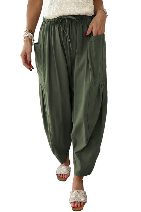 Drawstring Elastic Waist Patch Pocket Barrel Leg Pants