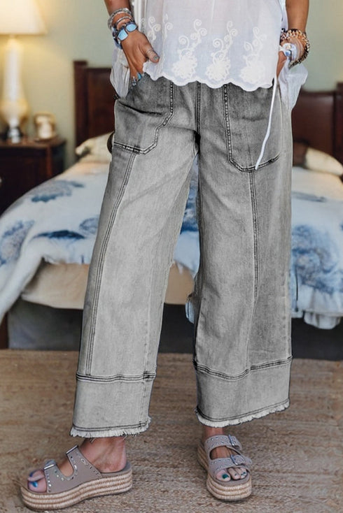 Drawstring Elastic Waist Patch Pocket Paneled Wide Leg Raw Hem Jeans