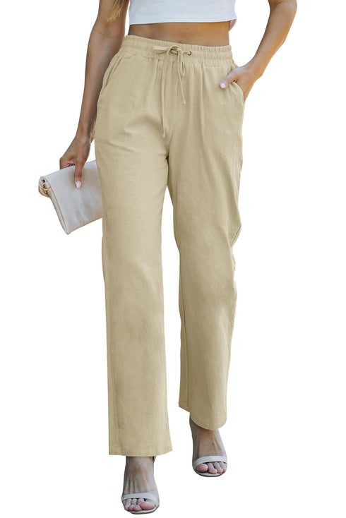 Drawstring Elastic Waist Pockets Long Straight Legs Pants
