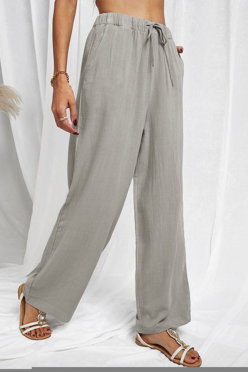 Drawstring Elastic Waist Pockets Long Straight Legs Pants