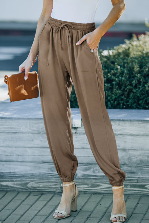 Drawstring Elastic Waist Pull-On Casual Pants With Pockets