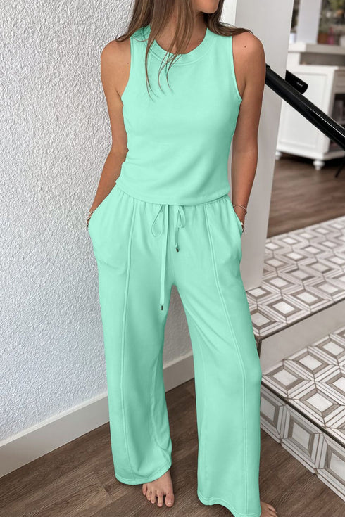 Drawstring Elastic Waist Wide Leg Two Piece Pant Set