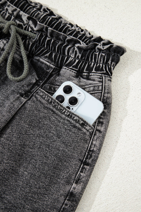 Drawstring Elastic Waistband Pocket Detail Denim Shorts