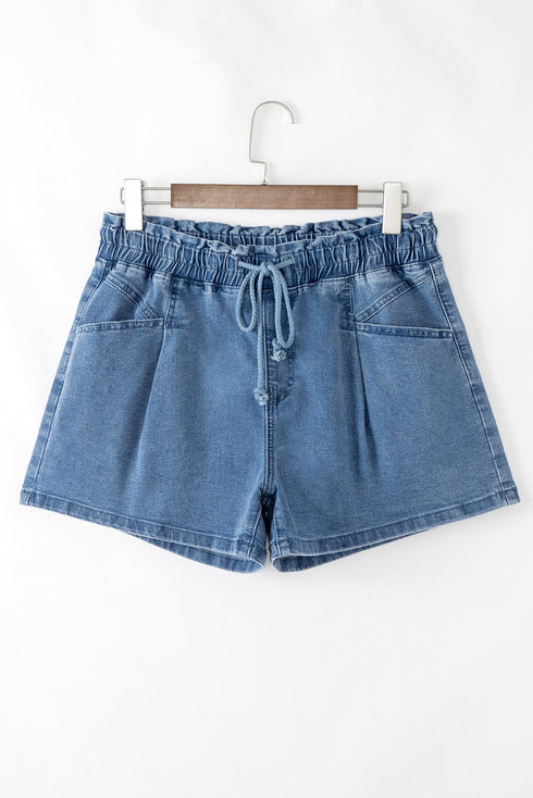 Drawstring Elastic Waistband Pocket Detail Denim Shorts