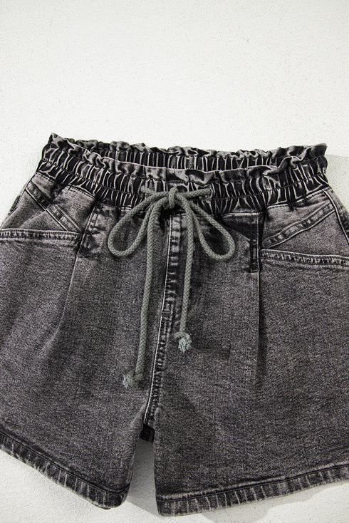 Drawstring Elastic Waistband Pocket Detail Denim Shorts