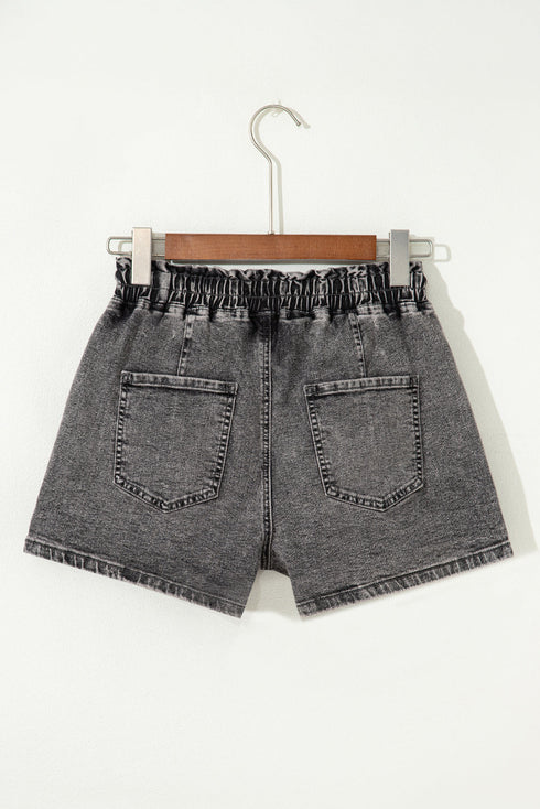 Drawstring Elastic Waistband Pocket Detail Denim Shorts