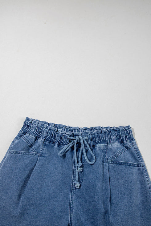 Drawstring Elastic Waistband Pocket Detail Denim Shorts