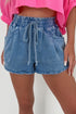 Drawstring Elastic Waistband Pocket Detail Denim Shorts