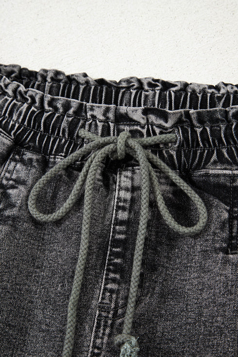 Drawstring Elastic Waistband Pocket Detail Denim Shorts