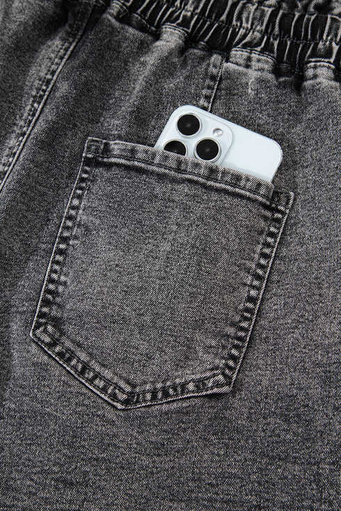 Drawstring Elastic Waistband Pocket Detail Denim Shorts