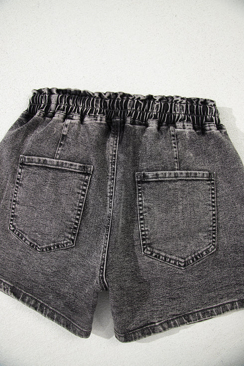 Drawstring Elastic Waistband Pocket Detail Denim Shorts