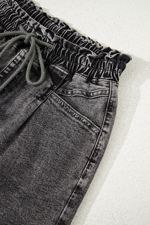 Drawstring Elastic Waistband Pocket Detail Denim Shorts