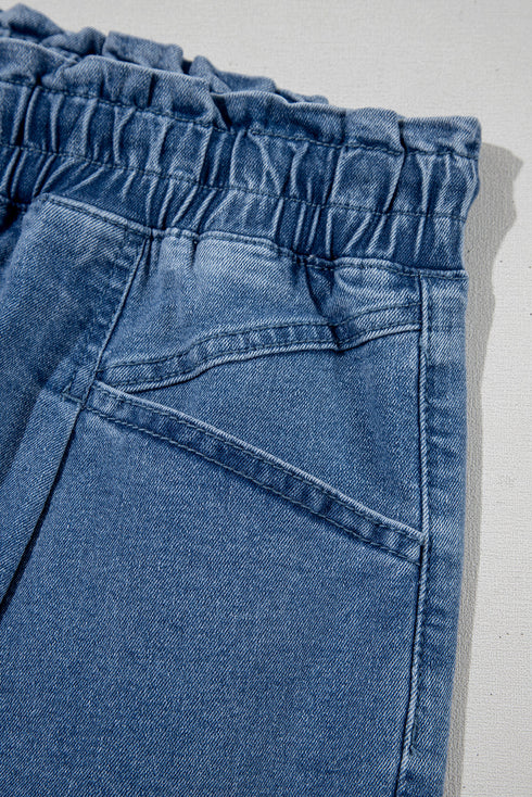 Drawstring Elastic Waistband Pocket Detail Denim Shorts