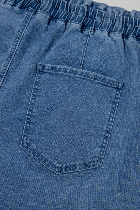 Drawstring Elastic Waistband Pocket Detail Denim Shorts