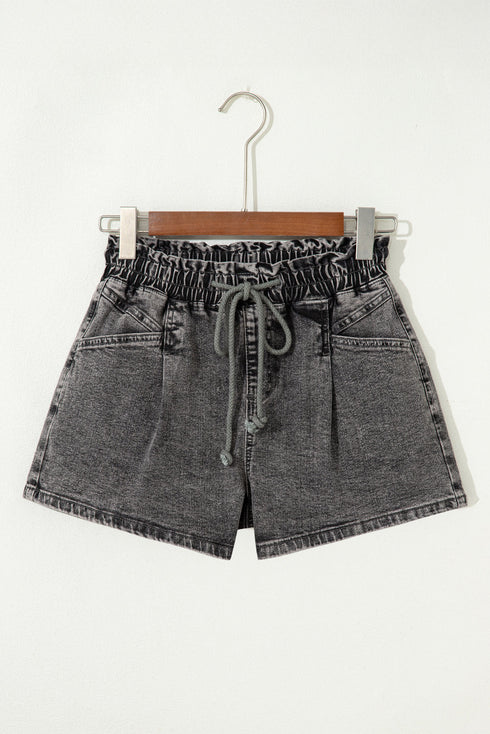 Drawstring Elastic Waistband Pocket Detail Denim Shorts