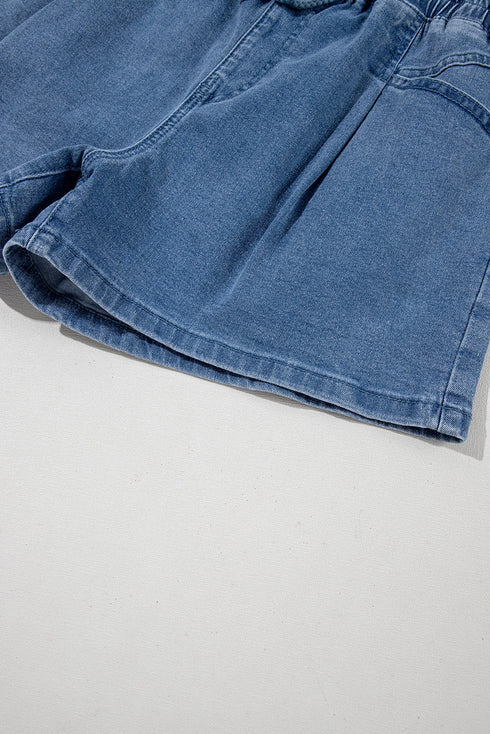 Drawstring Elastic Waistband Pocket Detail Denim Shorts