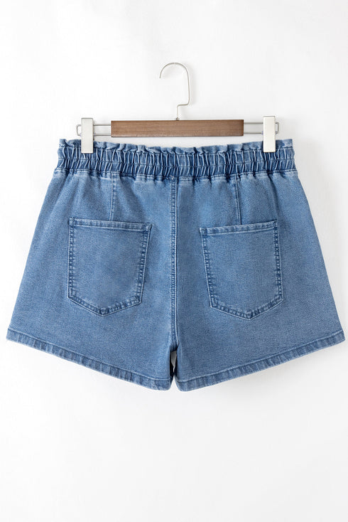 Drawstring Elastic Waistband Pocket Detail Denim Shorts