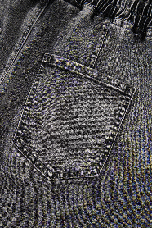 Drawstring Elastic Waistband Pocket Detail Denim Shorts
