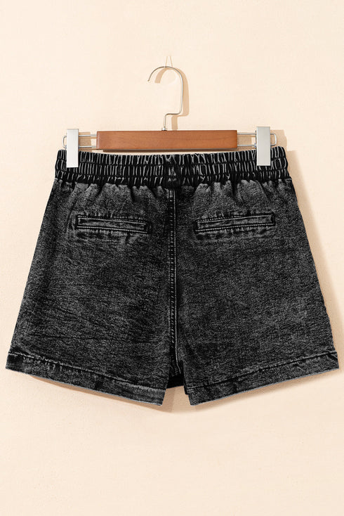 Drawstring Elastic Waistband Pocketed Solid Casual Denim Shorts