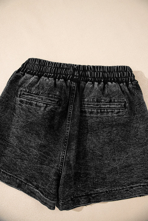 Drawstring Elastic Waistband Pocketed Solid Casual Denim Shorts