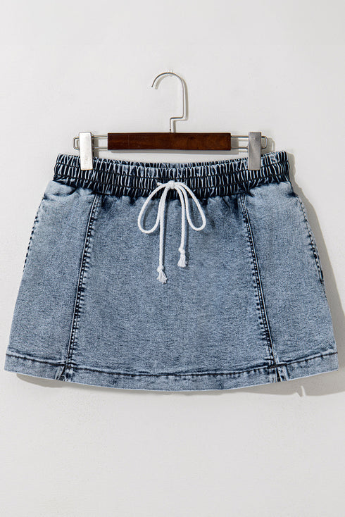 Drawstring Elastic Waistband Pocketed Solid Casual Denim Shorts