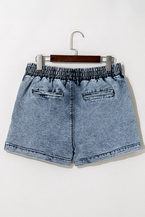 Drawstring Elastic Waistband Pocketed Solid Casual Denim Shorts
