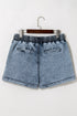 Drawstring Elastic Waistband Pocketed Solid Casual Denim Shorts
