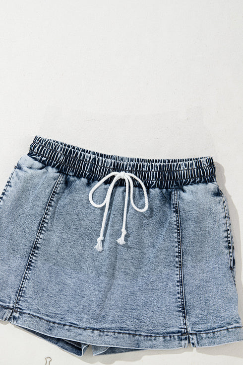 Drawstring Elastic Waistband Pocketed Solid Casual Denim Shorts