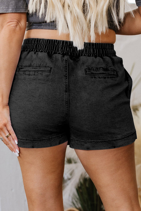 Drawstring Elastic Waistband Pocketed Solid Casual Denim Shorts