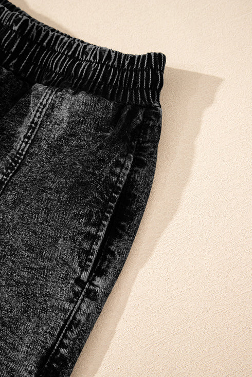 Drawstring Elastic Waistband Pocketed Solid Casual Denim Shorts