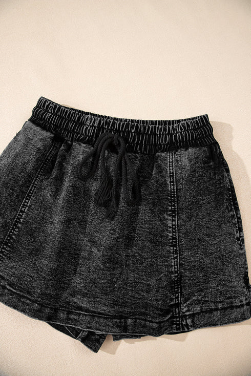 Drawstring Elastic Waistband Pocketed Solid Casual Denim Shorts