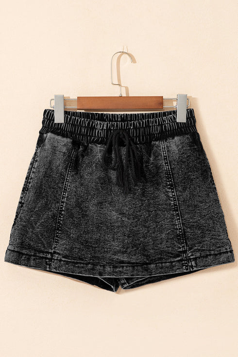 Drawstring Elastic Waistband Pocketed Solid Casual Denim Shorts