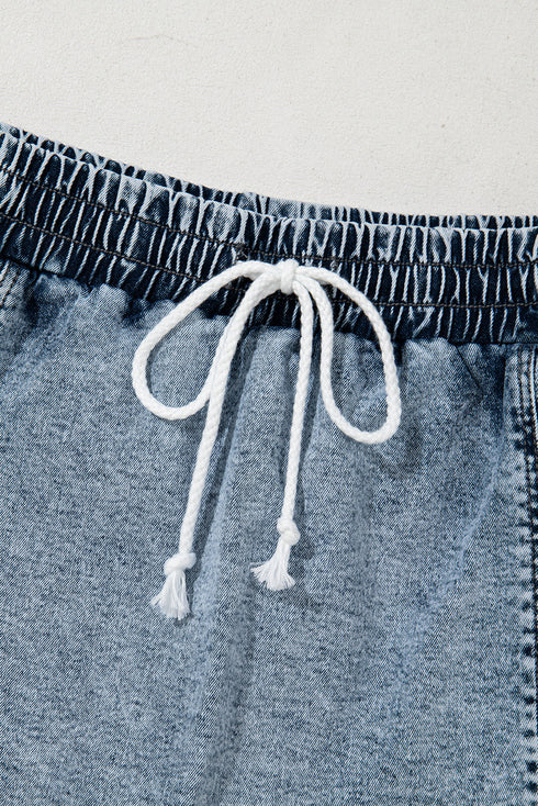 Drawstring Elastic Waistband Pocketed Solid Casual Denim Shorts