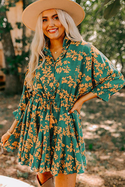 Drawstring Tunic Flowy Short Floral Dresses