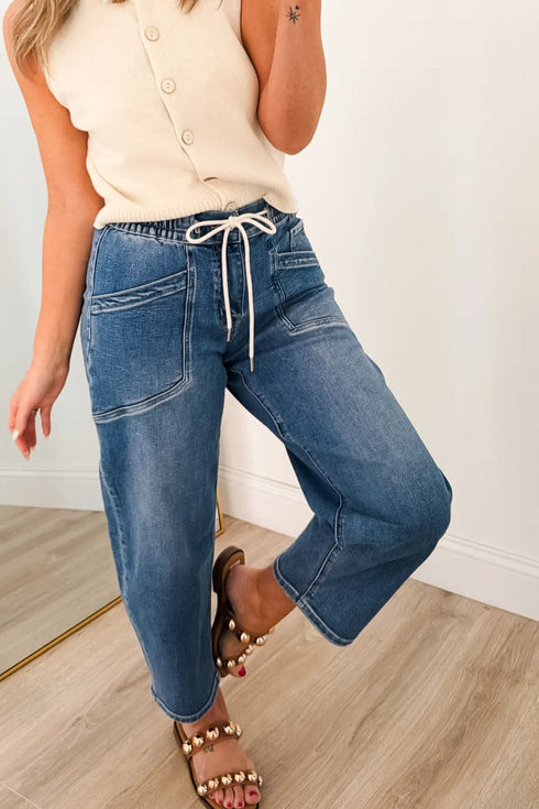 Drawstring Waist Pocket Detail Ankle Length Denim Jeans