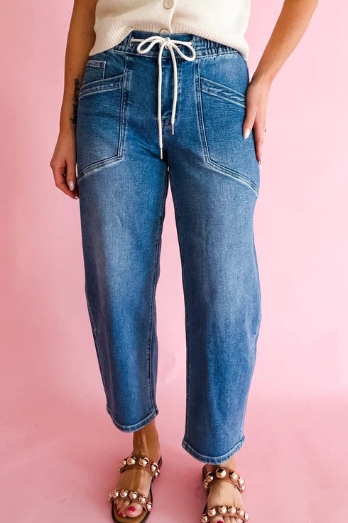Drawstring Waist Pocket Detail Ankle Length Denim Jeans