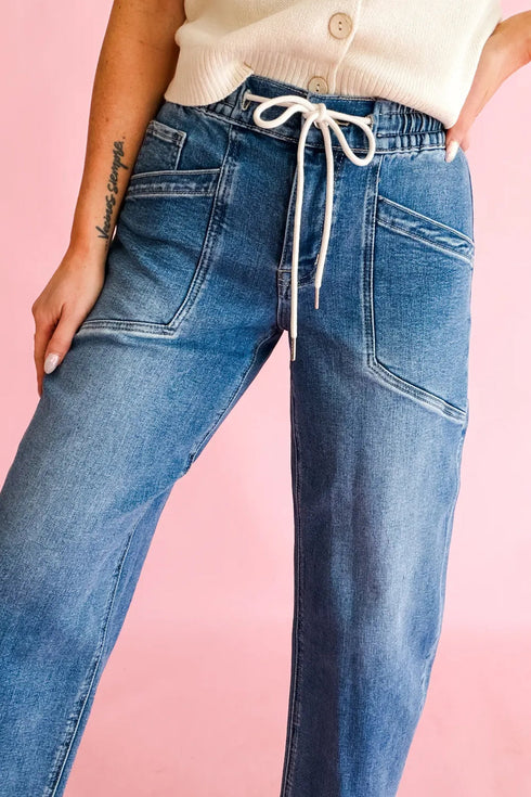 Drawstring Waist Pocket Detail Ankle Length Denim Jeans